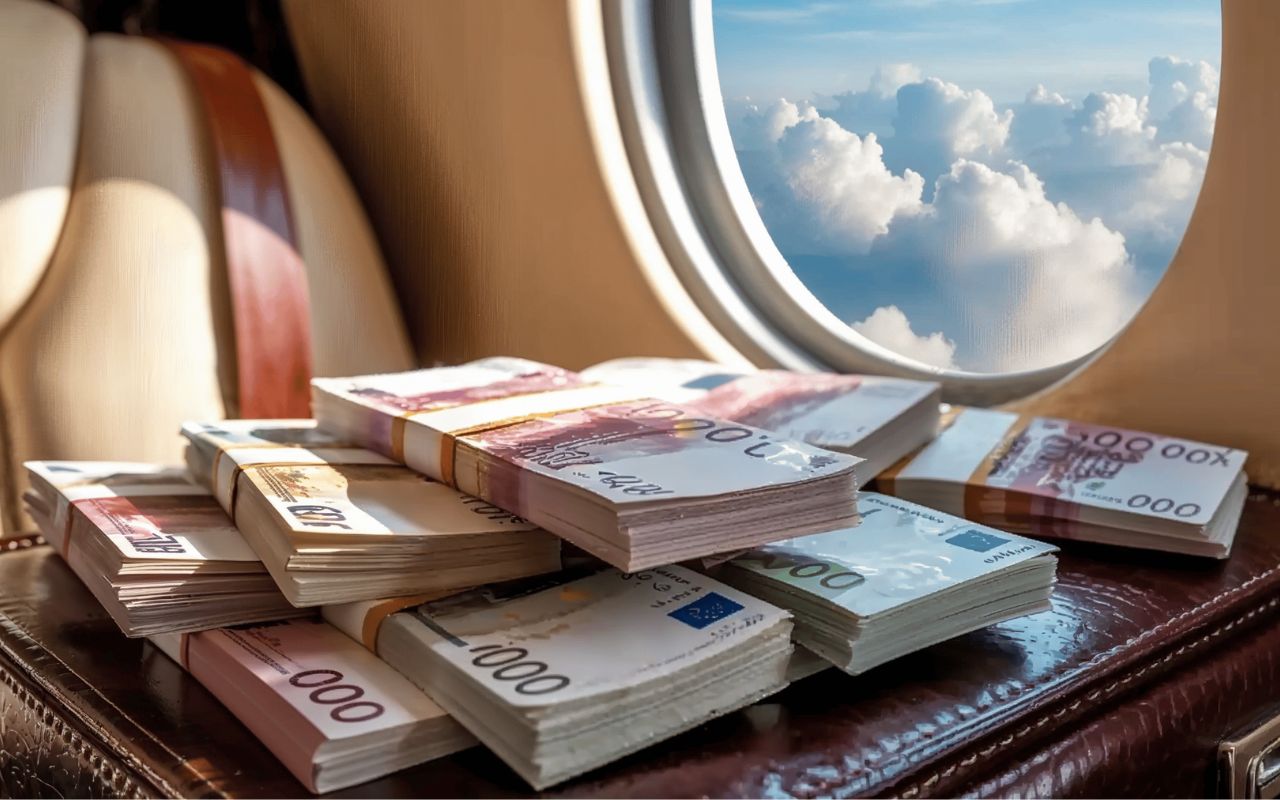 Une valise pleine de billets sur un jet privé